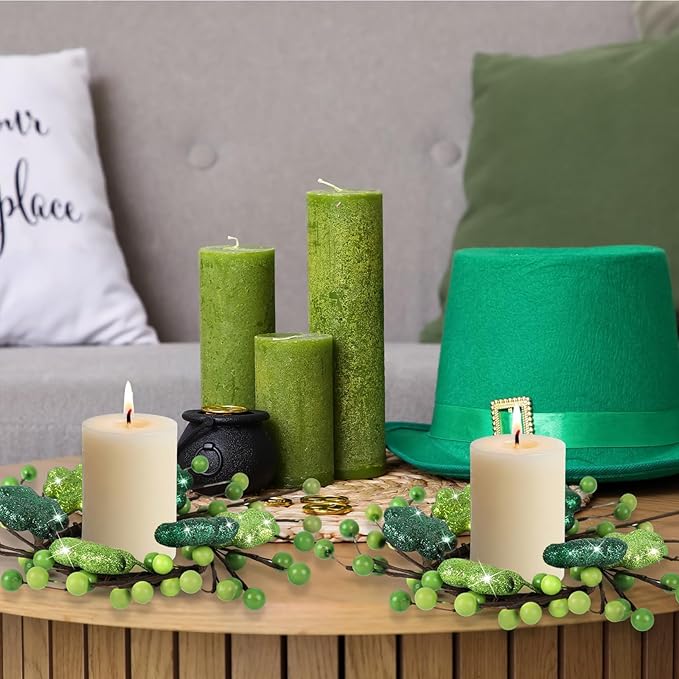 6 PCS Mini St. Patrick's Day Glitter Shamrocks Kitchen Cabinet Wreaths Small St. Patrick's Day Wreath for Front Door with Ribbon Spring Lucky Green Irish Clover Berry Wreath for Porch Wall Window