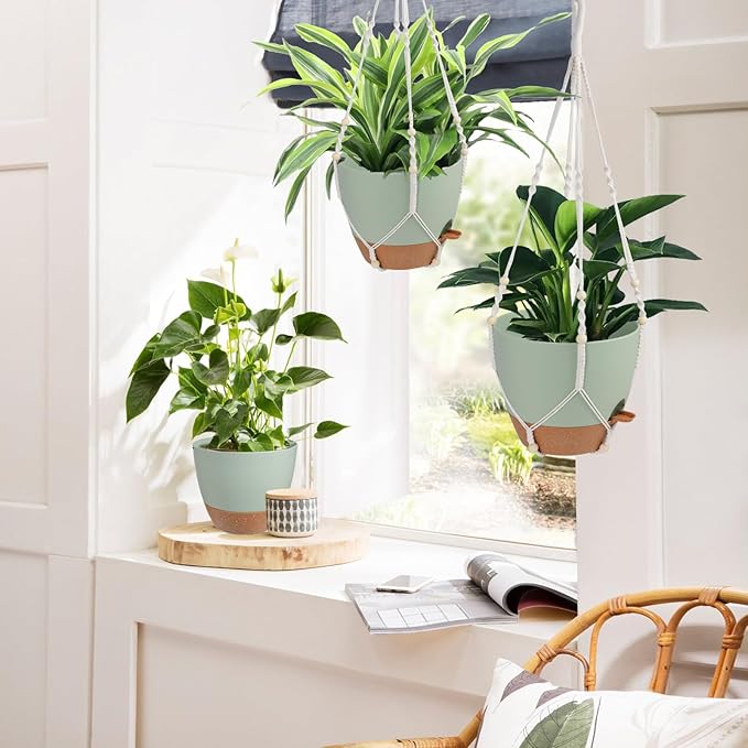 Vanslogreen 41.5 Inch Macrame Plant Hanger Indoor Outdoor with 12 Inch Flower Pot, Hanging Planter for Plants Holder with Wood Beads for Boho Home Decor (Ivory+Green)