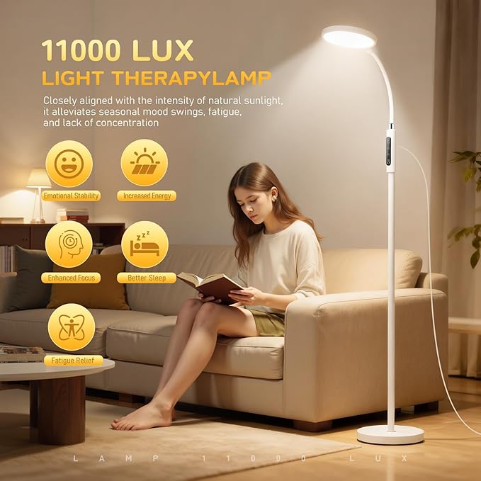 Light Therapy Lamp, 11000 Lux UV-Free Floor Lamp, Full Spectrum LED Sunlight with Touch Remote Control, Adjustable 7 Color Temperatures 9 Brightness Levels for Office Living Room Reading White