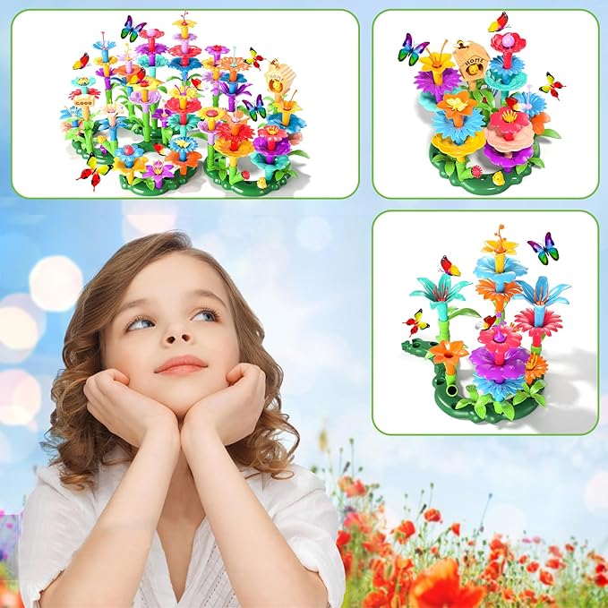 Doloowee 184Pcs Flower Garden Building Toys for Girls 3 4 5 6 7 Year Old, Upgrade DIY Building Stacking Toys, STEM Preschool Educational Toddler Toys Brain Development Kindergarten Kids Toy