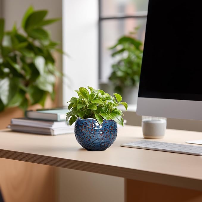 Thirtypot Ceramic Pots for Plants - 4 inch Plant Pots for Indoor Outdoor, Small Planter with Drainage Hole, Unique Flower Pot, Decorative Modern Round Planter, Office Decor, Home Gifts, Retro Blue