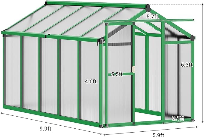 6X10 FT Greenhouse, Easy Assembly Aluminum Polycarbonate Greenhouses for Outdoors with Roof Vent, Large Aluminum Walk-in Greenhouse for Sunroom Patio, Backyard, Garden, Sliding Lockable Door, Green