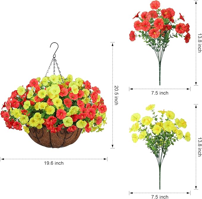 Artificial Fall Flowers Fake Hanging Plants Flowers Basket for Outdoors Autumn Decoration, Silk Morning Glory with Eucalyptus Look Real UV Resistant Faux Flowers for Outside Porch Patio Balcony, Mix