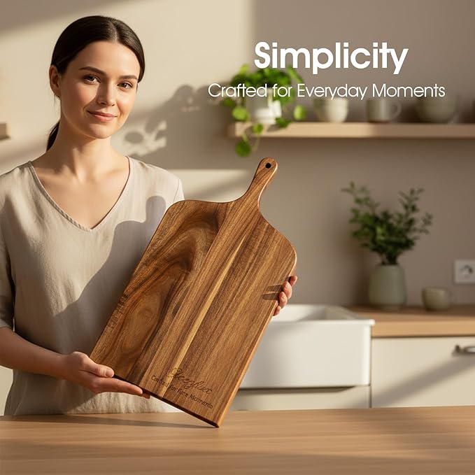 Acacia Wood Charcuterie Board with Handle, Large Cheese Serving & Entertaining Board, Premium Natural Grain Wooden Board for Appetizers, Snacks & Gift Giving