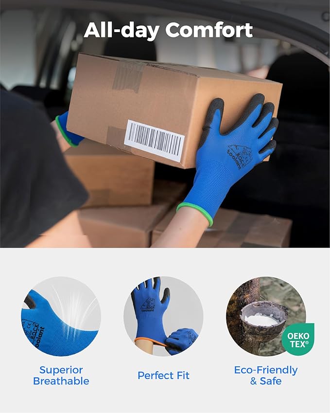 toolant Crinkle Latex Work Gloves Bulk, Rubber Coated Safety Work Gloves for Men and Women, 12 Pairs for Construction, Gardening, Warehouse (Black & Blue, Large)