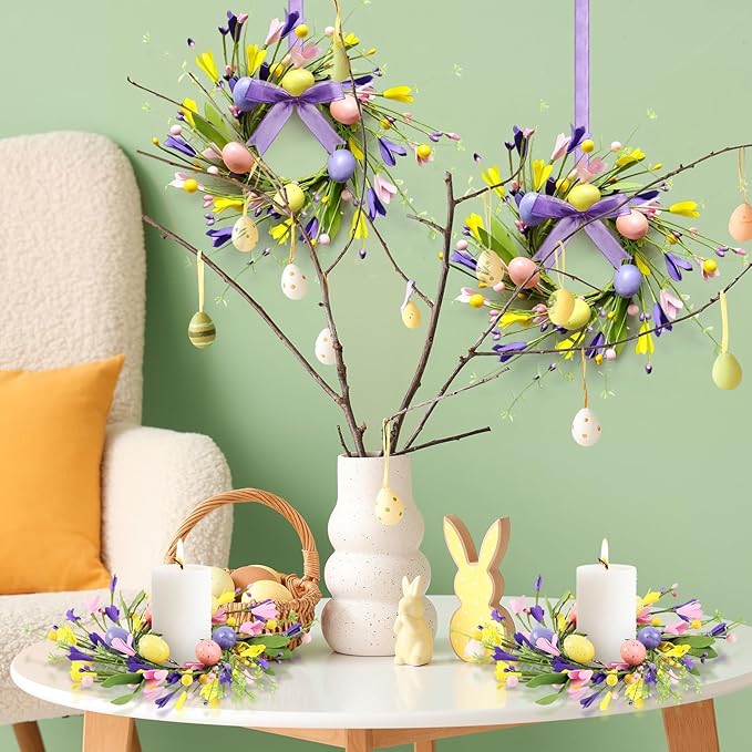 8 PCS Mini Easter Wreaths for Front Door Small Artificial Pastel Easter Egg Kitchen Cabinet Wreath Spring Summer Hanging Floral Wreath with Ribbon Berry for Home Porch Wall Window Farmhouse Decor