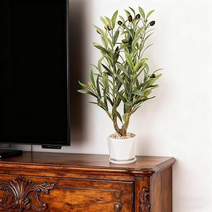Abyjifar 22" Artificial Olive Tree with Ceramic Pot, Faux Green Potted Plants Indoor Fake Greenery Olive Branches Stems in Pot for Tabletop Desk Office Kitchen Living Room Bedroom Bathroom Home Decor