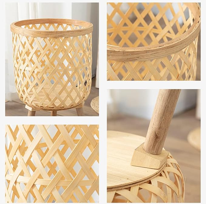 RISEON Set of 2 Handmade Mid Century Modern Planter, Rustic Indoor Rattan Basket Flower Pot Plant Stand,Large Floor Planter Natural