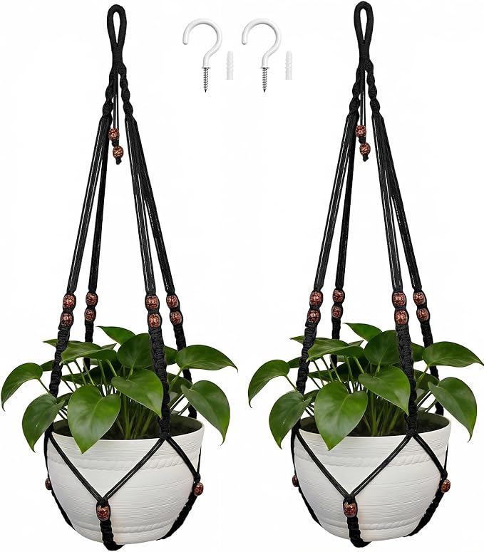 HOREAKHJ 35 Inch Macrame Plant Hanger, Large for up to 15 Inch Pot Extra Long Hanging Planter Holder Basket with Wood Beads for Indoor Outdoor Home Decor (Black, 2-Pack)