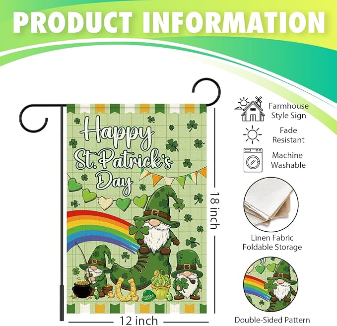 Happy St Patricks Day Garden Flag 12x18 Inch Double Sided,Gnome Lucky Shamrocks Outdoor Irish Decor House Porch Flag for St Patrick's Day Party and Yard Decorations