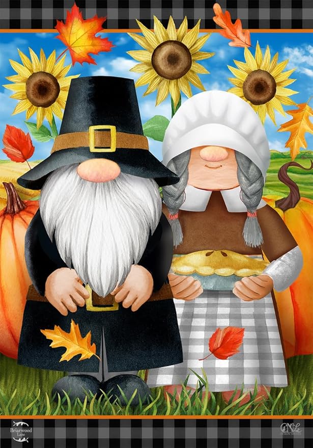 Thanksgiving Gnomes Garden Flag Sunflowers Humor 12.5" x 18" Briarwood Lane