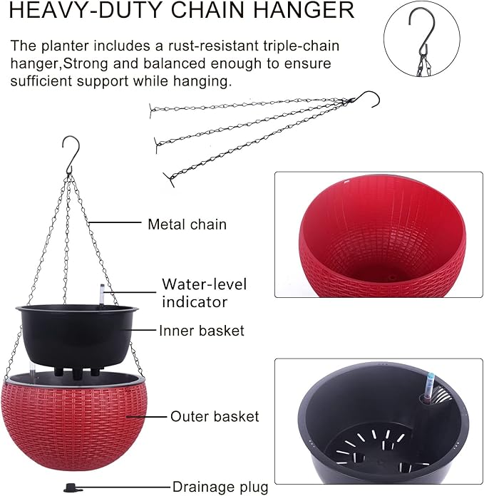 Vencer 11 Inch Round Resin Rattan Hanging Planters,Self Watering Hanging Basket for Indoor Outdoor Plants,Hanging Flower Pots with Drain Hole and Metal Chain,Water Indicator,Red,VF-A15-R