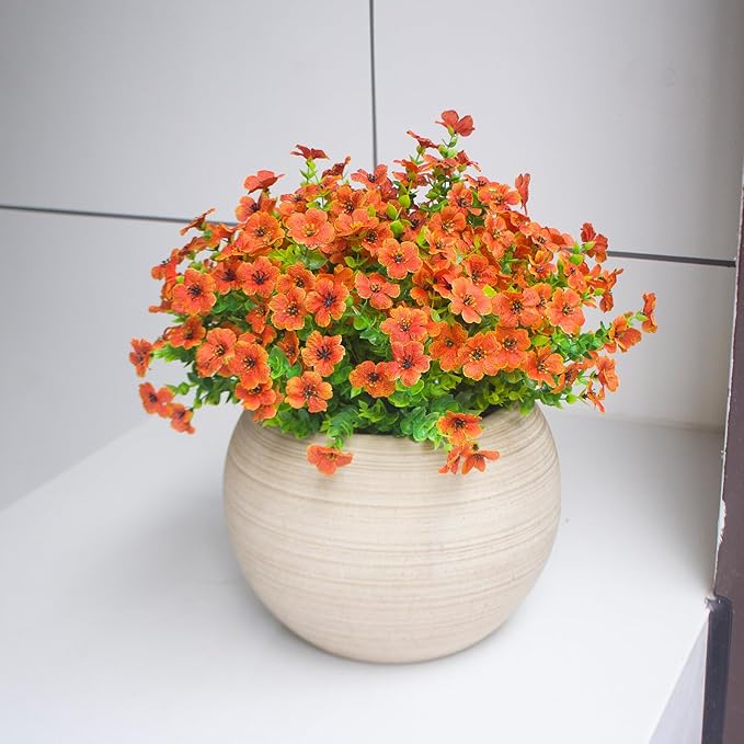 HIFORESTAR Fake Mums Artificial Outdoor Flowers 12 Bundles Autumn Fall Plants Daisy Faux Orange Blooms for Front Porch Window Box Patio Table Centerpieces Decor(Orange Daisy)