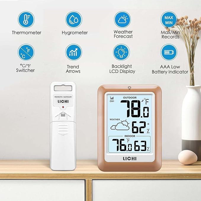 Indoor Outdoor Thermometer Wireless Weather Station, Internal External Thermometer Hygrometer, Home Batteryoperated Temperature Humiditymonitors330 Feet (About 100 Meters) Backlight Display
