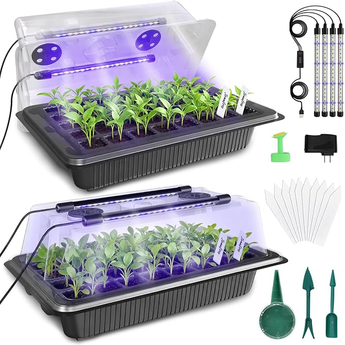 MQUPIN 80-Cell Seed Starter Tray with Grow Light, 2-Pack Adjustable Brightness Seed Starter Kit with Humidity Dome,Smart Timer,Watering Sprayer,Seeder,Plant Germination Kit for Seeds Growing