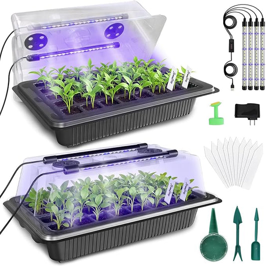 MQUPIN 80-Cell Seed Starter Tray with Grow Light, 2-Pack Adjustable Brightness Seed Starter Kit with Humidity Dome,Smart Timer,Watering Sprayer,Seeder,Plant Germination Kit for Seeds Growing