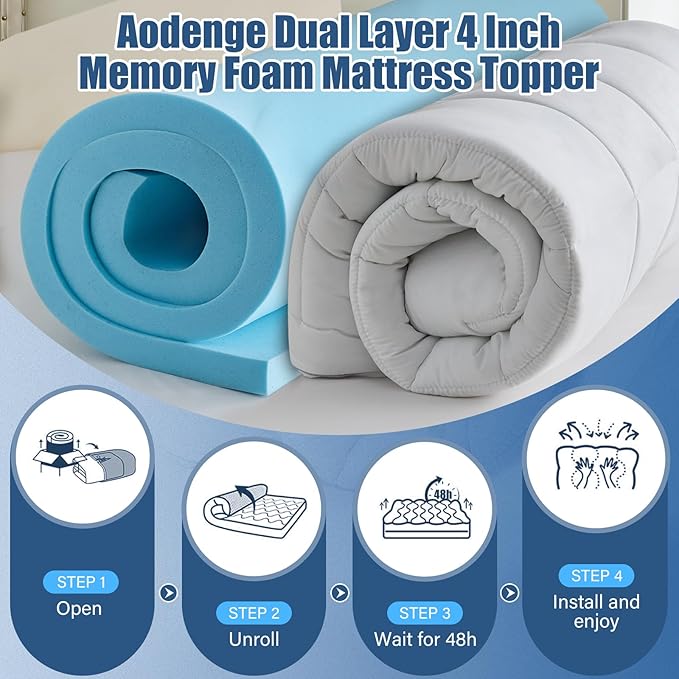 4 lnch Dual Layer Mattress Topper Queen Size, 2 Inch Cooling Gel Memory Foam and 2 Inch Soft Pillow Top Mattress Pad Cover for Back Pain, with Elastic Deep Pocket