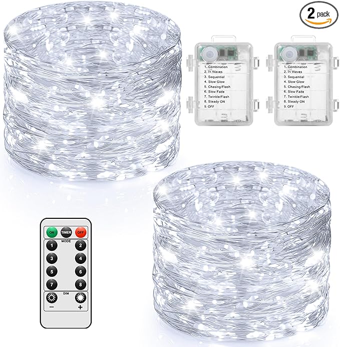 2 Pack 100 LED Fairy Lights Battery Operated with Timer & Remote, 33FT Waterproof Twinkle Lights Indoor Outdoor, Fairy String lights for Bedroom Classroom DIY Wedding Christmas Decorations, Cool White
