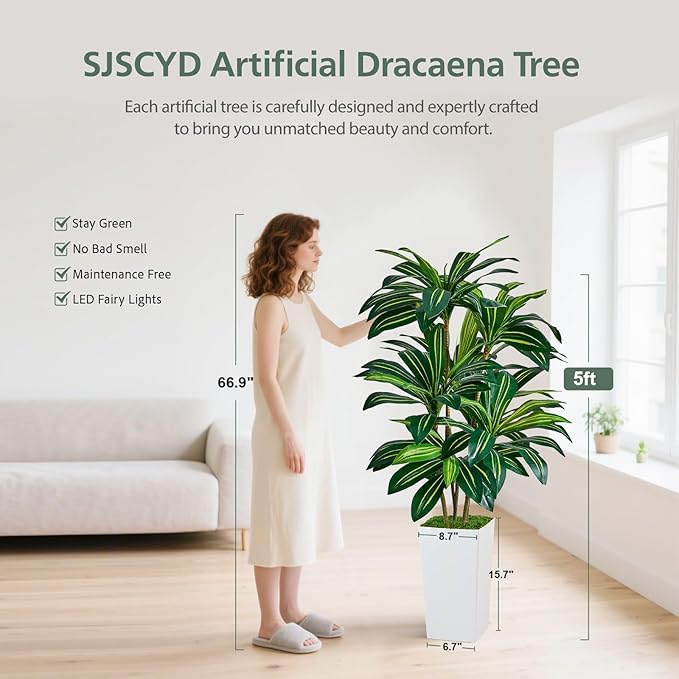 Artificial Dracaena Plant 5FT - Fake Tree with Tall Planter and Fairy Lights, Artificial Trees Faux Yucca Plants Indoor, Fake Plants for Home Office Living Room Decor Christmas