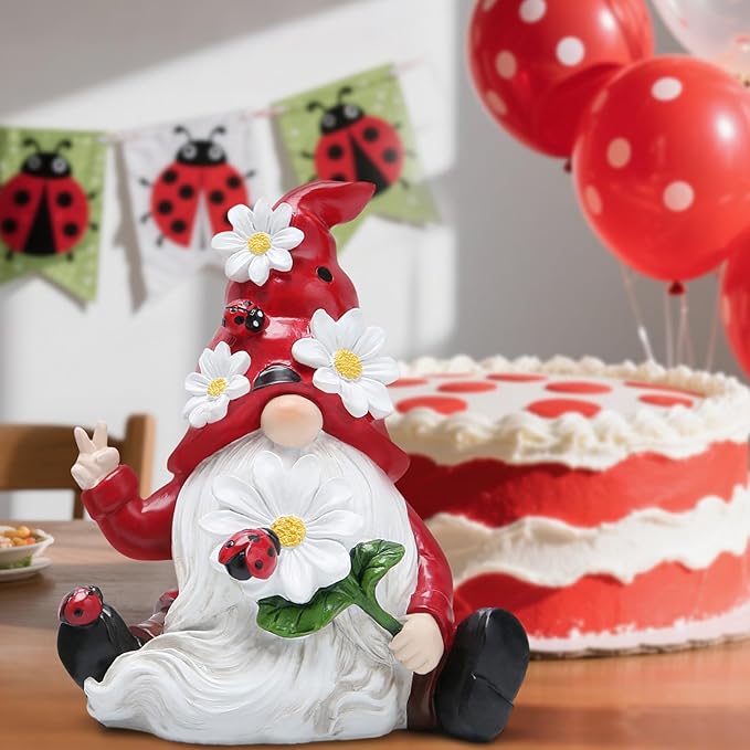 Hodao Ladybug Spring Gnomes Decorations for Home Table, Porch, Garden Yard Ladybug Elf Ornaments Decor Spring Gnome Figurines Decor for Outdoor Garden Birthday Gifts for Mom, Grandma
