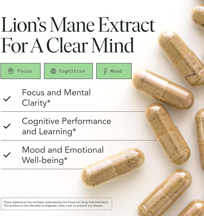 Fantastic Fungi Lions Mane Supplement Capsules - Lions Mane Mushroom Supplement for Focus, Memory & Mood - Adaptogenic Functional Mushroom Extract, USDA Organic, Vegan, 120 Capsules (2-Month Supply)