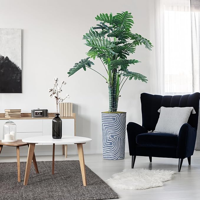 Artificial Tree in Contemporary Geometric Pattern Planter, Fake Philodendron Tree Silk Tree for Indoor and Outdoor Home Decoration - 70" Overall Tall (Plant Pot Plus Tree)