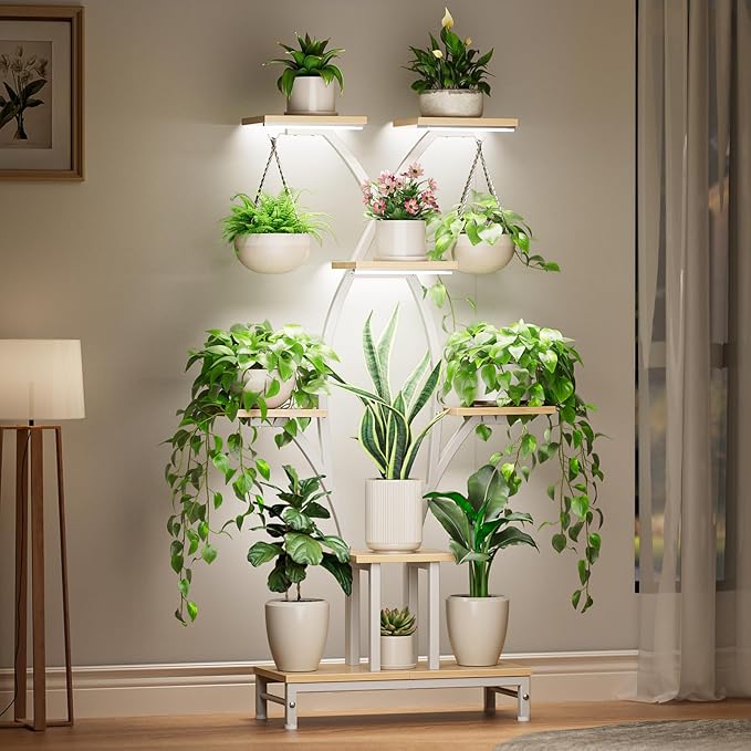 VOZZYOTO Plant Stand Indoor with Grow Lights - 7 Tiered Metal Corner Shelf for Multiple Plants, 63" Corner Plant Stand for Indoor Plants, X-Shaped Plant Rack for Home, Living Room, Office & Patio Decor