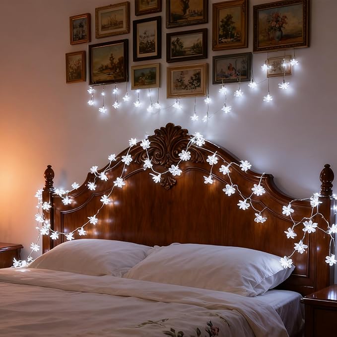 Fairy Cool White Flower String Lights, 33ft 100 LED Plug in 8 Lighting Mode Cherry Blossom Indoor Wall Ceiling Window Decorations, Aesthetic Lamp Decor for Christmas Holiday Easter Bed Room