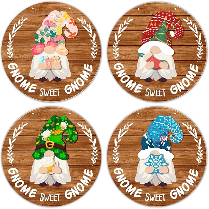 Interchangeable Gnome Welcome Sign Valentine's Day Door Decorations, Changeable Seasonal Front Porch Decor Wood Wreath Gnomes Gifts for Spring Summer Fall Winter All Seasons Holiday, Light Brown