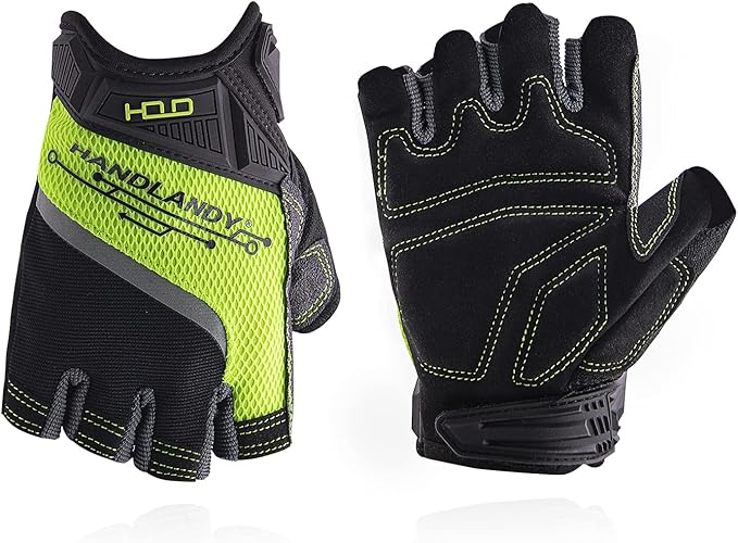 HANDLANDY Fingerless Work Gloves for Men Utility Padded Half Finger Driving Working Gloves (Large, Green)