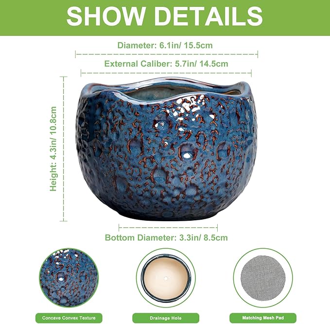 Thirtypot 6 Inch Plant Pot - Ceramic Pots for Plants with Drainage Hole, Round Orchid Pot, Unique Planter for Indoor Outdoor, Modern Decorative Flower Pots, Room Decor, Plant Lovers Gifts, Retro Blue