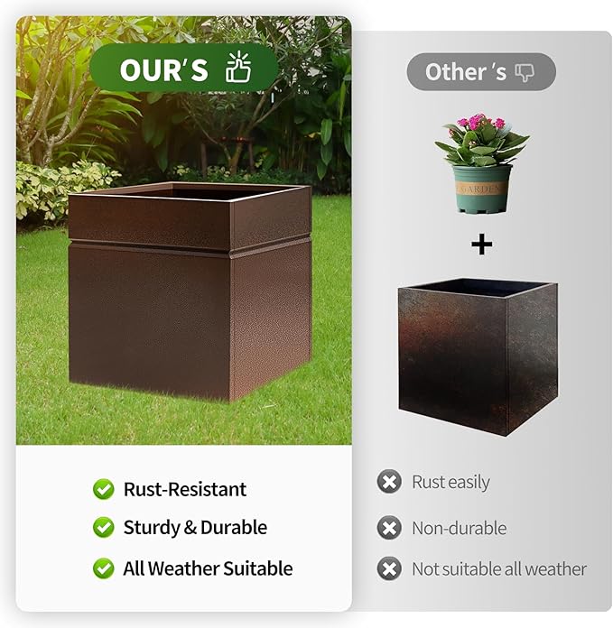 HONYTA Matel Planter Box 17" L x 17" W x 18" H, Cube Heavy Duty Powder Coating Steel Planters with Drainage Hole, Indoor Outdoor All-Weather Use for Home, Porch, Patio, Garden(Bronze)