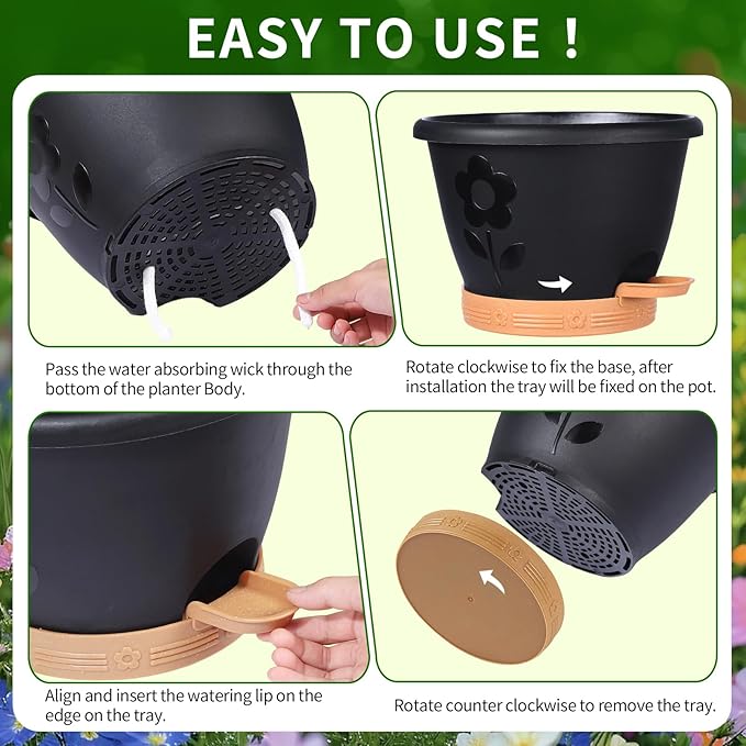XMPBFYH Plant Pots, Flower Pots for Indoor/Outdoor Plants, Self Watering Plastic Planters Pots with Drainage Holes, Saucer & Reservoir, Decorative Nursery Planting Pots(10 Inch Set of 4) (Black)
