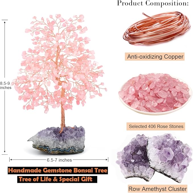 MASGEMES Gemstone Crystal Tree of Life,Natural Rose Quartz(406 Stones Count) with Amethyst Cluster Base,Chakra Positive Energy Feng Shui Decor Bonsai Money Tree,Birthday Gift 8.5''-9''
