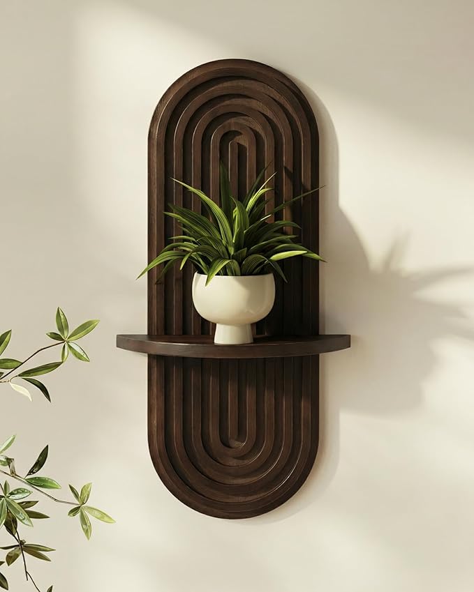 Bamworld Boho Wall Decor Brown Plant Wall Shelf, Mid Century Modern Decor Hanging Plant Shelf, 1-Tier Wooden Floating Shelves for Home, Bathroom Bedroom Living Room, Office Holding Planter