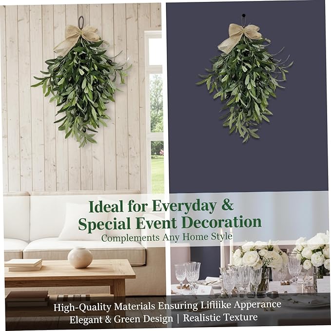 Olive Wreath 24 Inch Artificial Olive Wreaths for Front Door Hanging Teardrop Swag Greenery with Burlap Bow for Front Door Wall Wedding Arch