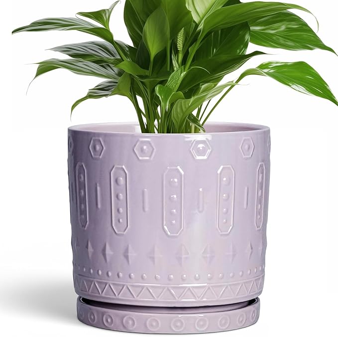 Ceramic Flower Pots, 8 Inch Plant Pots Indoor Outdoor, Round Planter with Drainage Hole and Tray, Boho Planter, Decorative Pot for Plants, Apartment Decor, House Warming Gifts, Purple