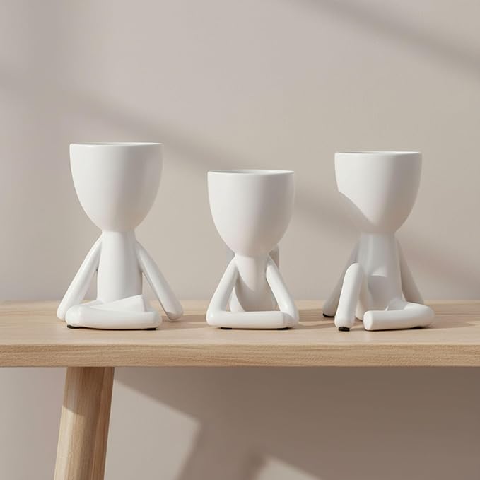 Ceramic Figurine Planter Set – Room Decor and Small Planter Use, Shelf, Desk, or Tabletop Placement – Modern Art-Inspired Sculptures for Garden & Home Decor – 6" & 5" & 6", White