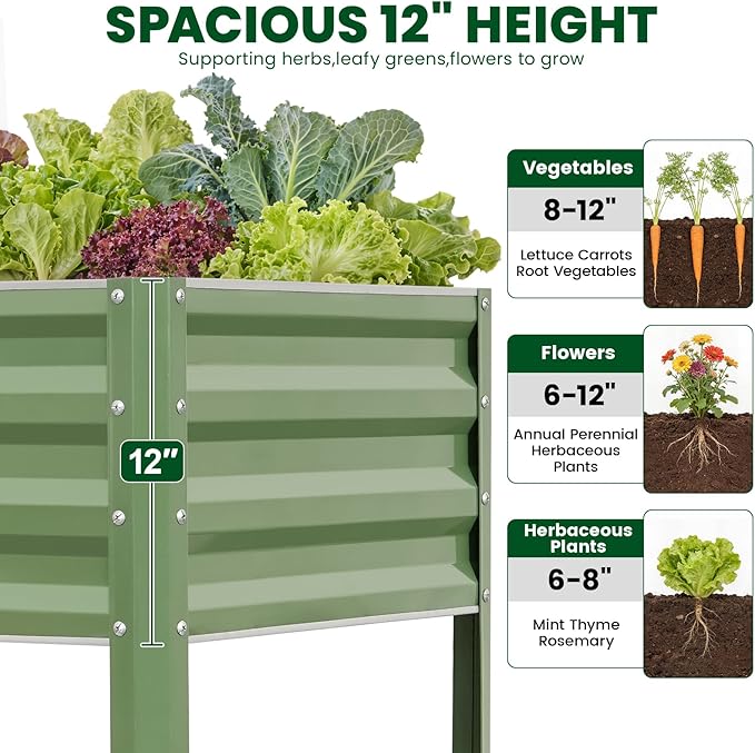 1MORE Elevated Raised Garden Bed with Legs, 48×24×32in Large Metal Raised Bed for Backyard, Patio, Balcony. Raised Planter Box with Drainage Holes for Plants Vegetables Flowers Fruits.Green-1pcs