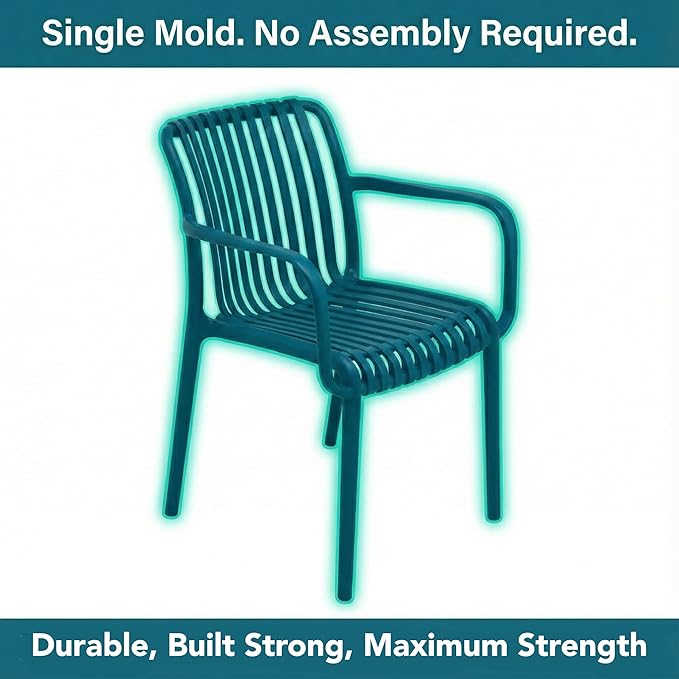 4 x Outdoor Stackable Dining Chair, All-Weather Plastic Patio Chair, Pool Side Chair, Modern Slatted Design for Balcony, Garden, Backyard, Indoor & Outdoor Use (Armrest, Teal Blue)