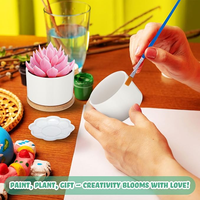 SiliFine 12 Sets DIY Ceramic Succulent Pots Painted Ceramic Flower Pots with Drainage Holes, Paints, Brushes, Palettes, Trays for DIY Event Adults Craft Birthday Gifts