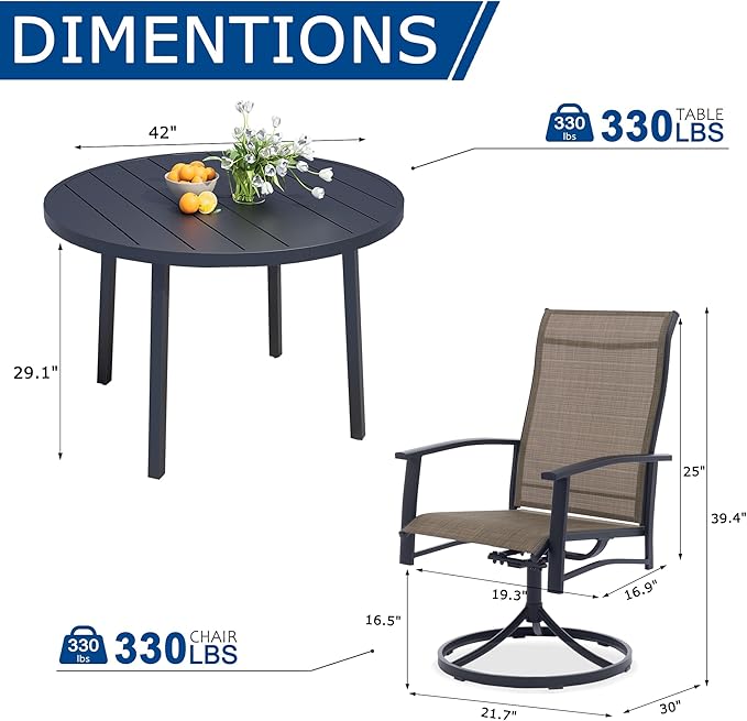 5 Pieces Outdoor Table and Chairs for 4, 42" Black Round Table with 4 Mocha Swivel Chairs, Patio Set with Swivel Chair, Garden Tables for Outdoor, Patio Dining Set for Lawn Backyard Poolside