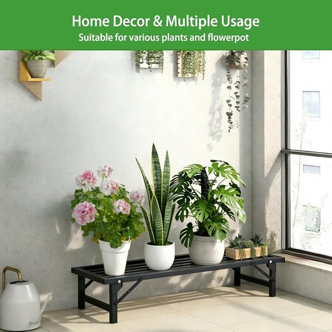 Single Tier Metal Plant Stand, Long Narrow Foldable Plant Stand for Indoor Outdoor, Heavy Duty Waterproof Plant Holder for Living Room Balcony Garden Window Patio，Plant Lovers, Display Stand （L33" x H7.8" x W9.7")