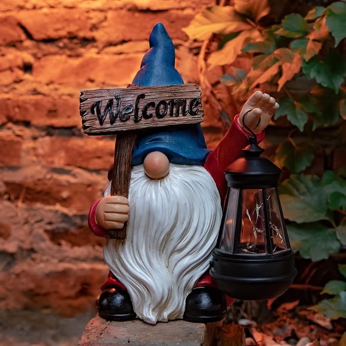 Garden Gnome Outdoor Decoration Solar Gnomes Statue with Lantern LED Lights,Terrace Courtyard Lawn Patio Porch Fall Decoration Halloween Christmas Housewarming Gift for Mom Women, Gnome Blue