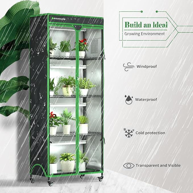 Plant Stand with Grow Light, 36" W x 18" D x 72" H, 5-Tier Indoor Greenhouse with Cover & 3-Color T8 Growth Lights and Smart Socket, Thermohygrometer, for Seedlings & Flowering