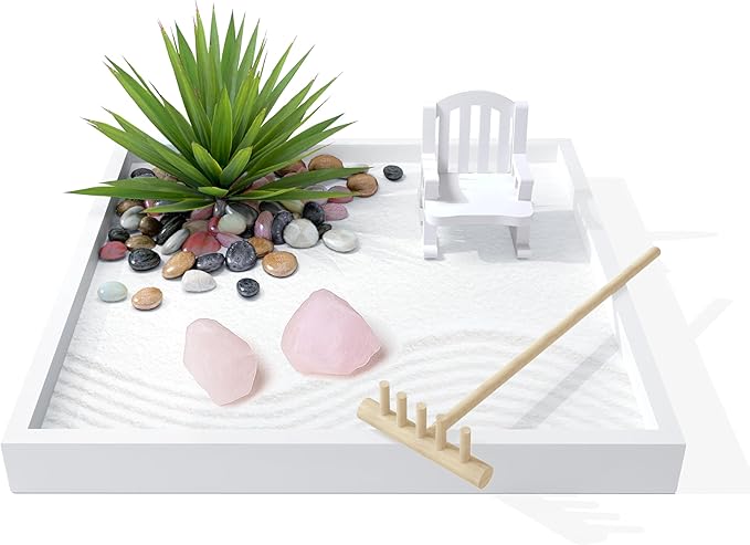Cularve Zen Garden for Desk – White Modern Style with Healing Crystals and Sand Rake, Perfect for Home, Office, and Desktop Decor, Meditation and Stress Relief