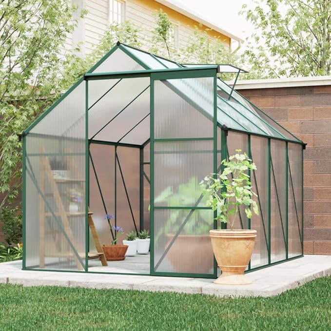 6x8 FT Polycarbonate Greenhouse Raised Base and Anchor Aluminum Heavy Duty Walk-in Greenhouses for Outdoor Backyard in All Season Green
