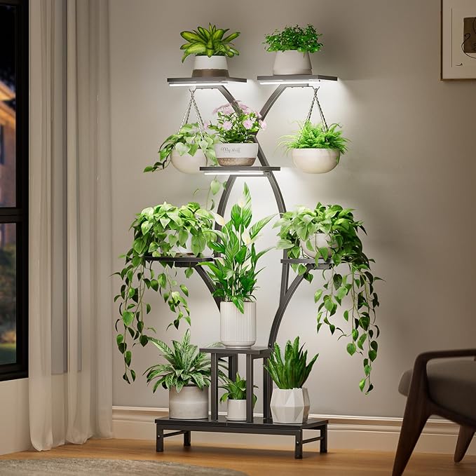 VOZZYOTO Plant Stand Indoor with Grow Lights - 7 Tiered Metal Corner Shelf for Multiple Plants, 63" Corner Plant Stand for Indoor Plants, X-Shaped Plant Rack for Home, Living Room, Office & Patio Decor