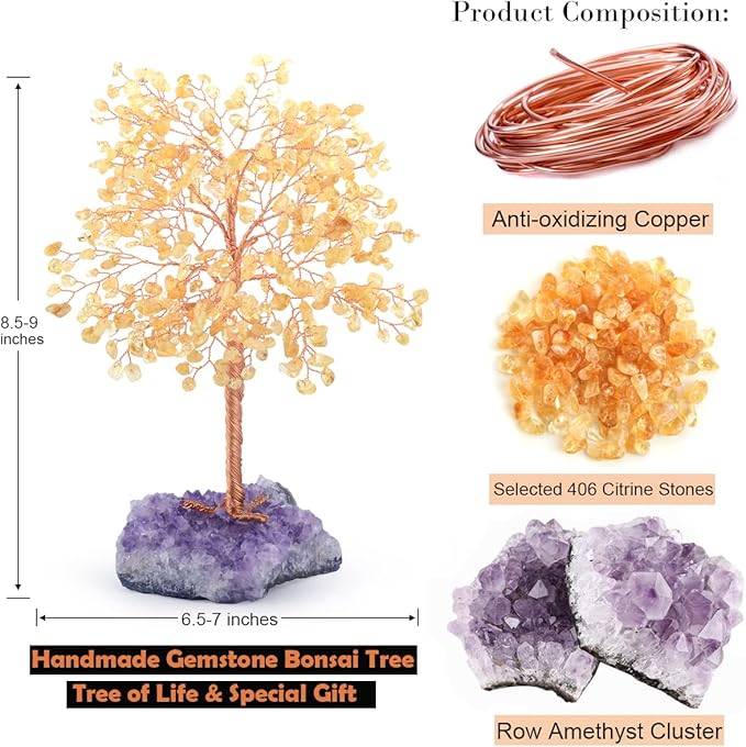 MASGEMES Gemstone Crystal Tree of Life,Natural Citrine(406 Stones Count) with Amethyst Cluster Base,Chakra Healing Crystals Positive Energy Fengshui Bonsai Money Tree Gift 8.5"-9"