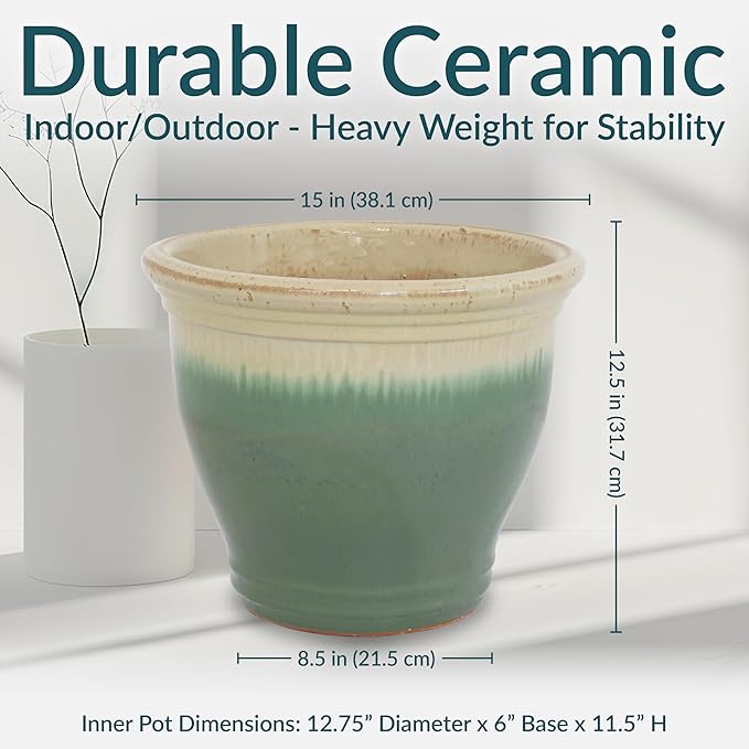 Sunnydaze Large Ceramic Plant Pot - Round Outdoor Glazed Ceramic Planter Pot with Drainage - Studio - Seafoam - 14.5"